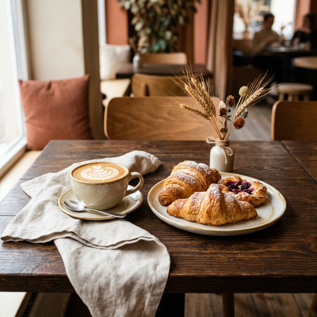 Café-Szene mit Cappuccino, Croissants und Plunder im warmen Licht