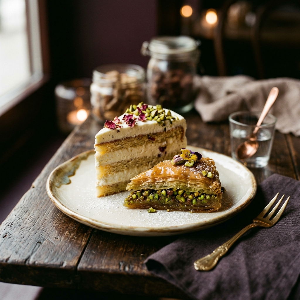 Pistazien-Torte und Baklava auf Keramikteller im warmen Kerzenlicht